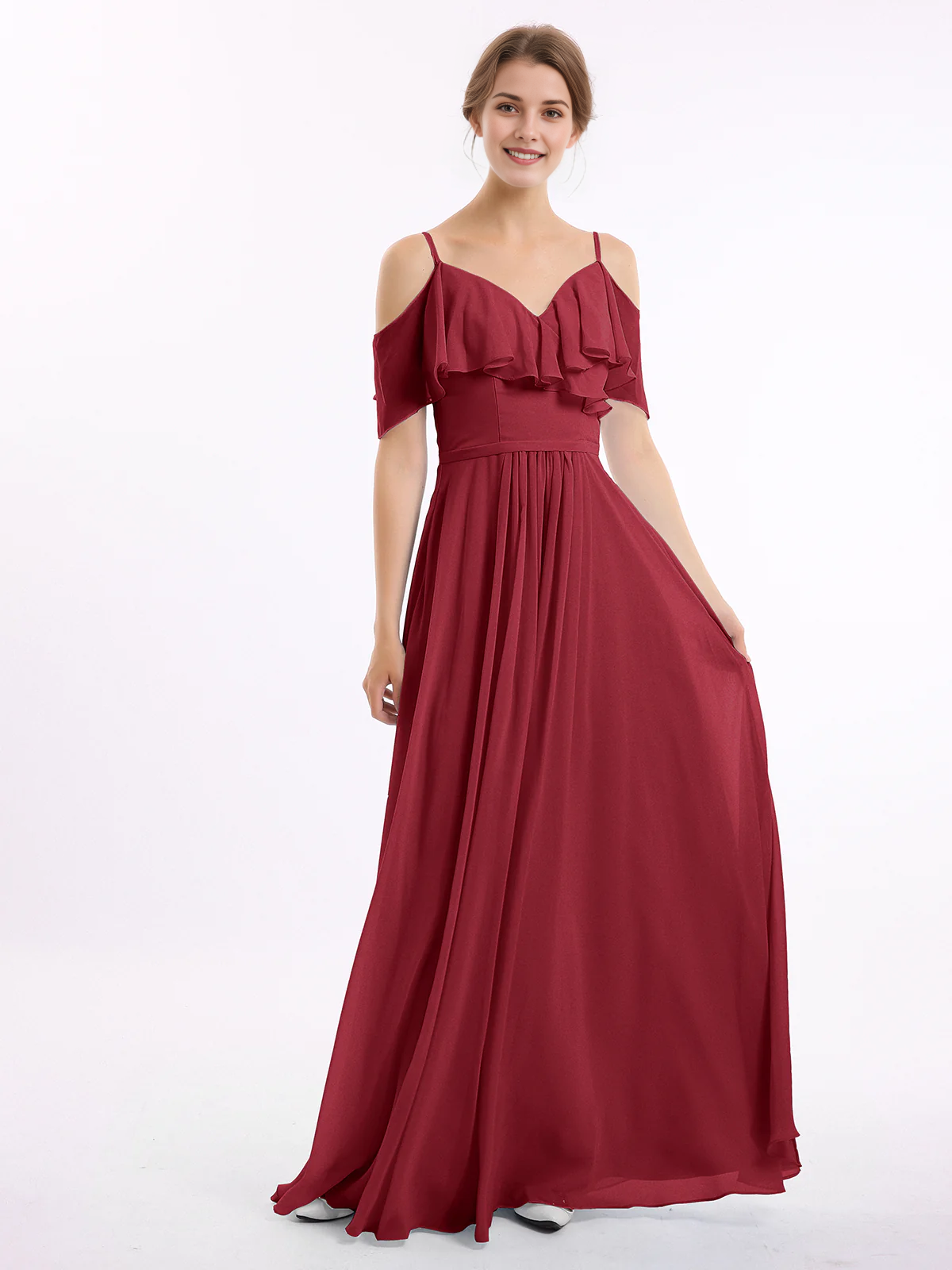 Cold Shoulder Ruffle V-Neck Chiffon A-Line Maxi Bridesmaid Dress with Pockets