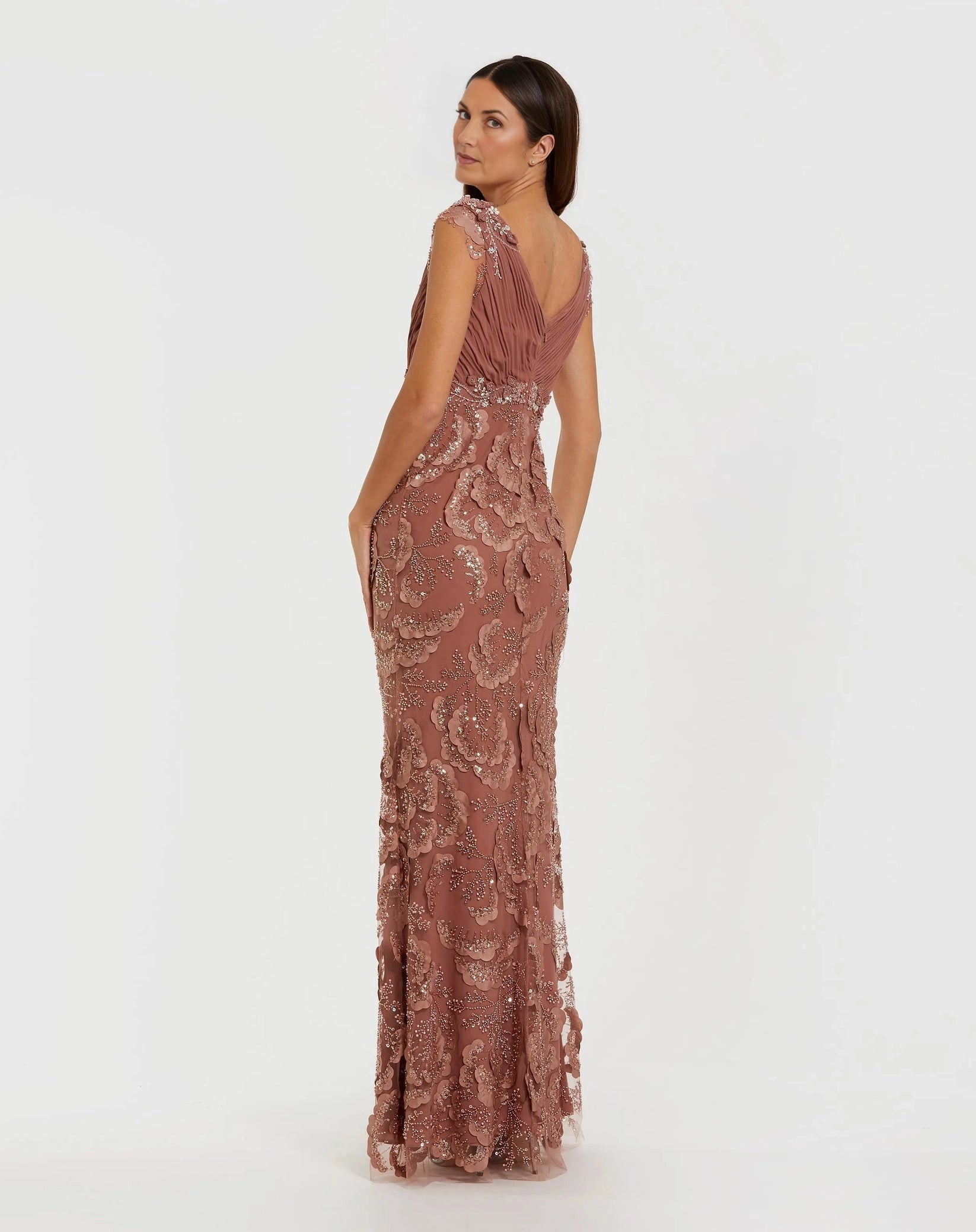 Navy Sheath V‑Neck Cap Sleeve V‑Back Long Mother Of The Bride Dress