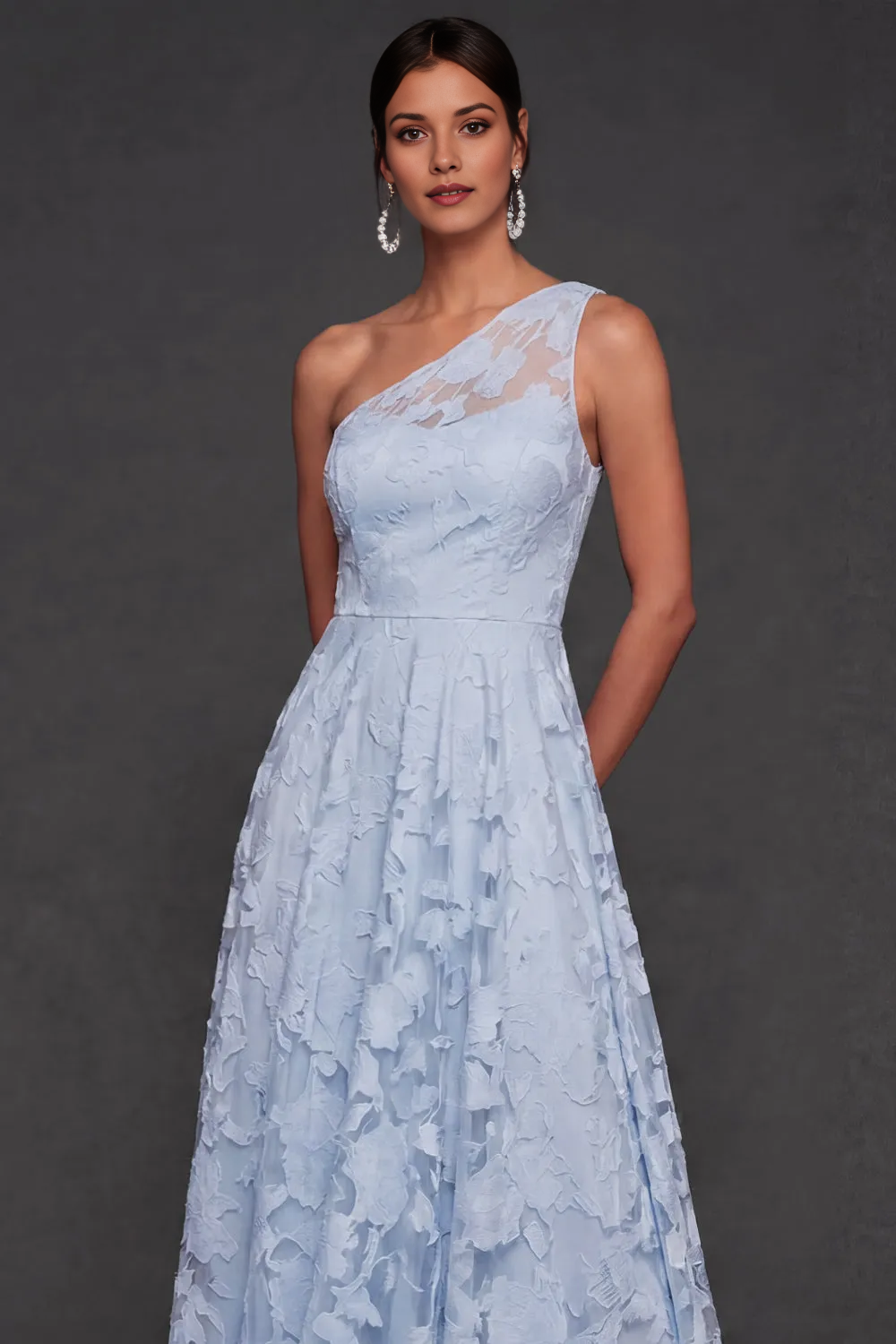 One Shoulder 3D Floral Lace A-Line Floor Length Bridesmaid Formal Dress
