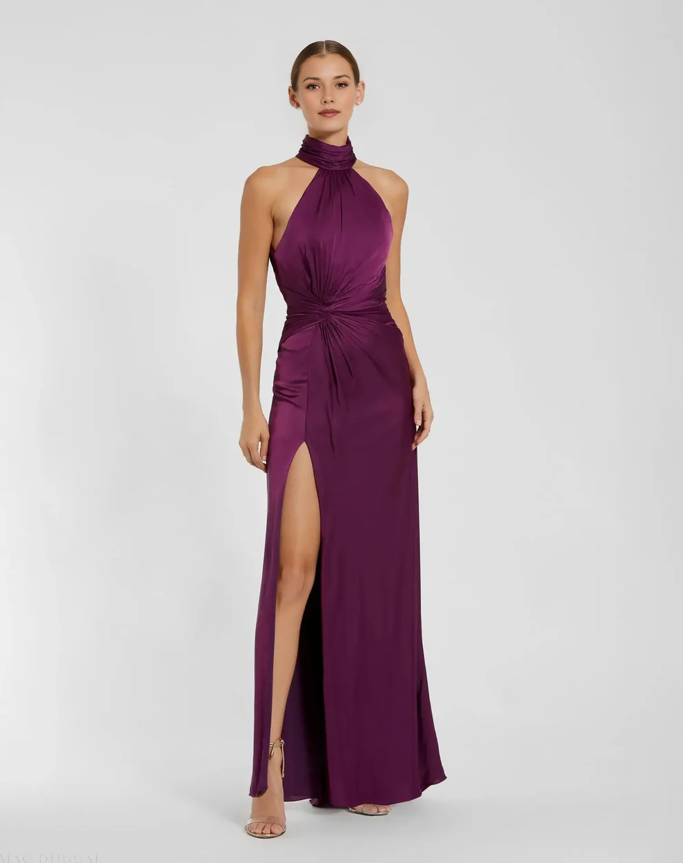 Halter Neck Twist Waist Satin Gown with Open Back & High Slit