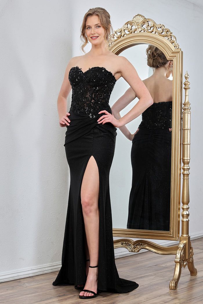 Vestido de noche largo con lentejuelas bordadas sin tirantes, formal, plisado, con abertura, brillante, para fiesta de graduación
