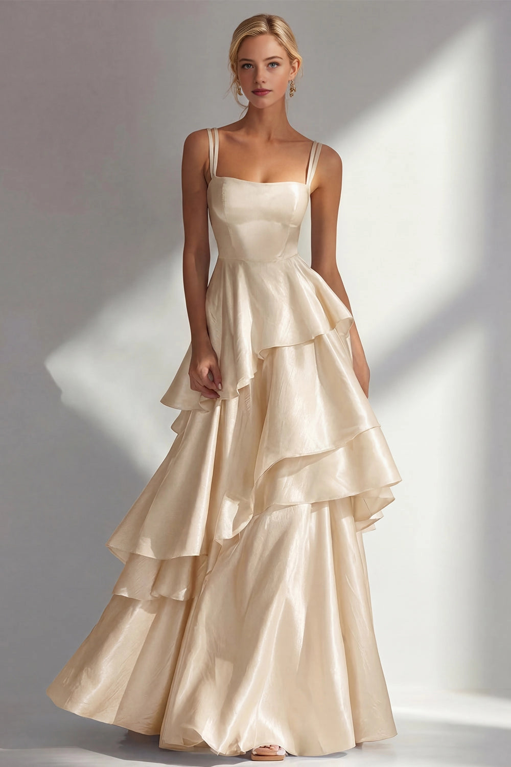 Shiny A Line Square Neck Straps Open Back Tiered Maxi Wedding Guest Dress