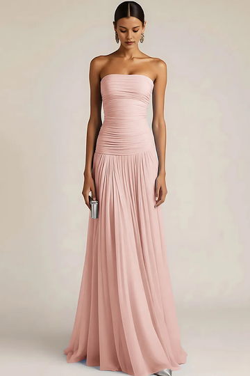 Graceful A-Line Strapless Sleeveless Chiffon Ruched Evening Dress