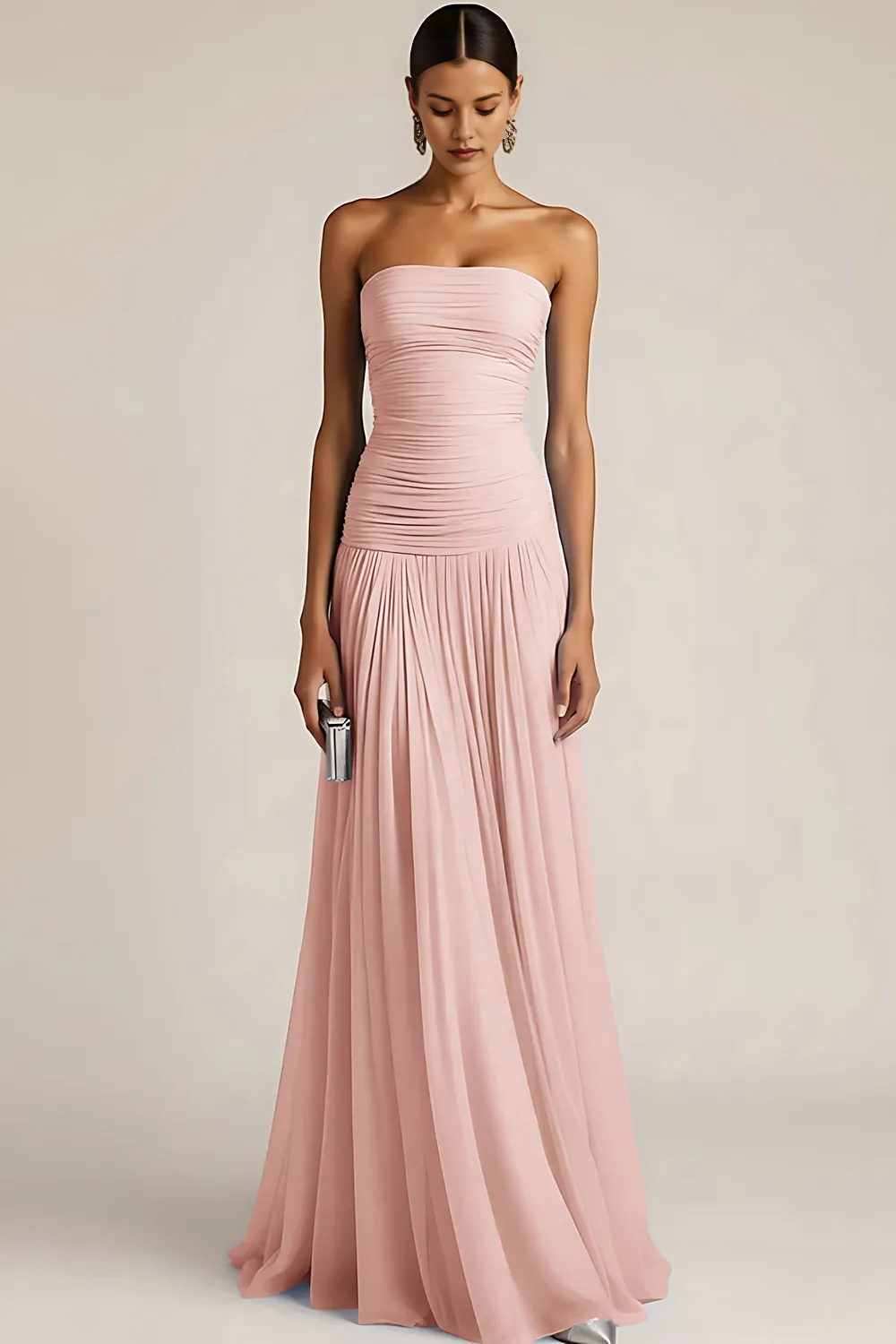 Strapless Ruched Bodice Chiffon A-Line Maxi Dress
