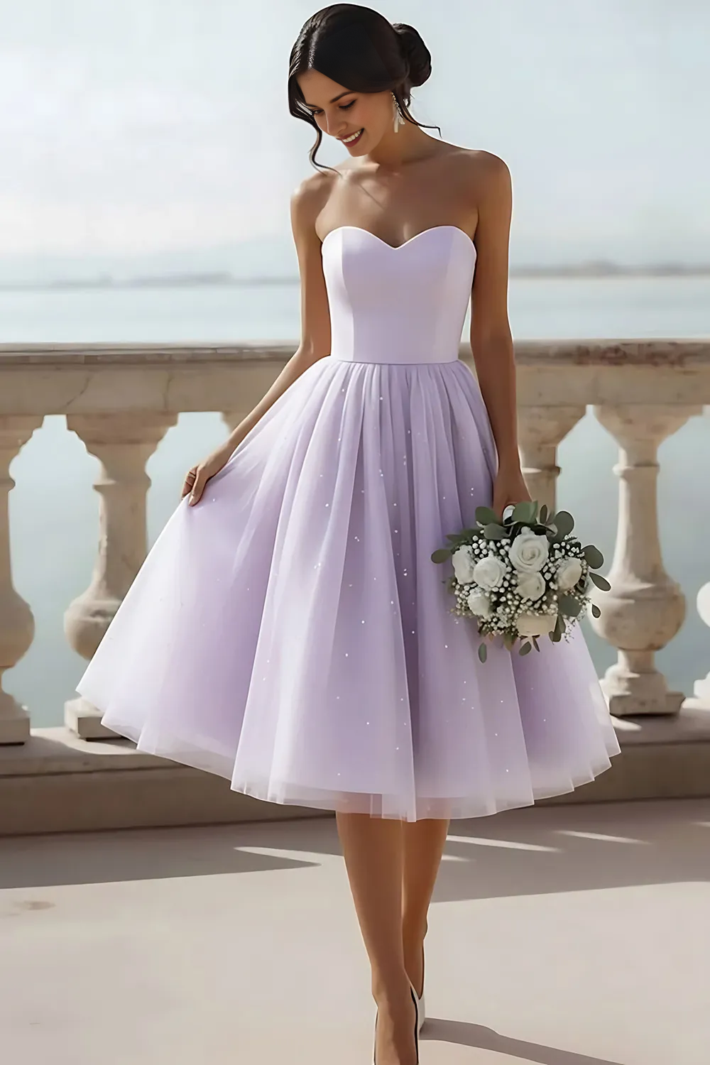 Strapless Sweetheart Corset Tulle Midi Dress with Sparkle Details
