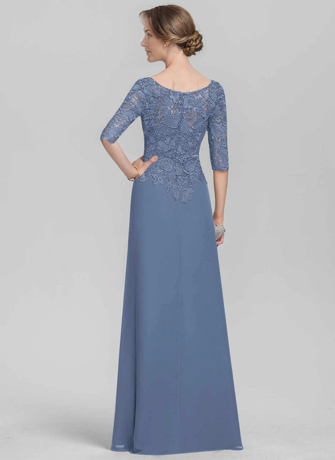 Slim‑Fit Sheath Bateau‑Neck Elbow‑Sleeve Zip‑Back Floor‑Length Mother Of The Bride Dress
