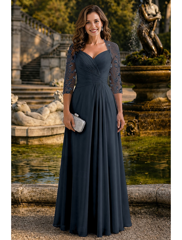 Sweetheart Neckline Beaded Illusion Three-Quarter Sleeve Chiffon A-Line Floor-Length Mother of the Bride Dress
