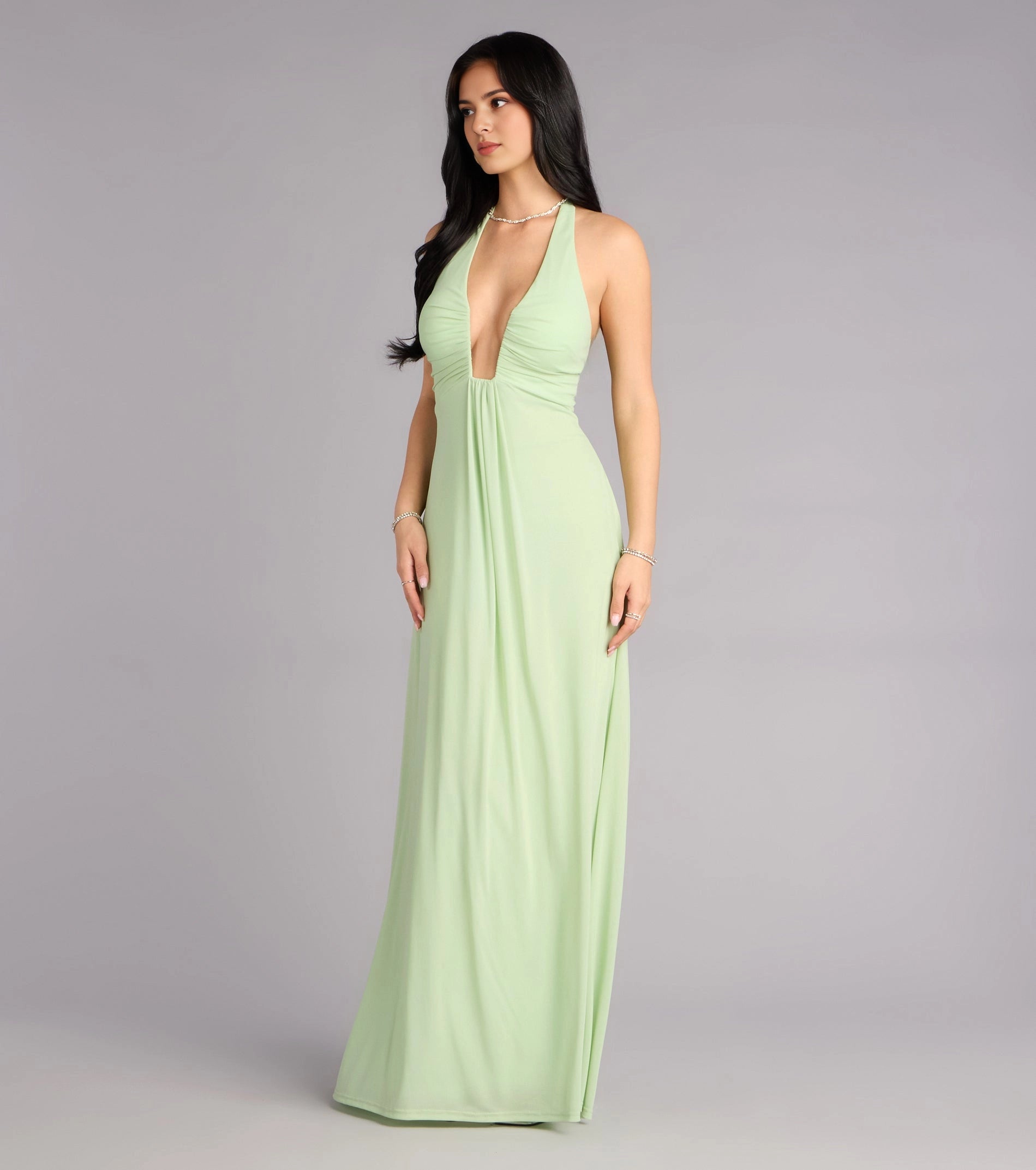 Sage Green A-Line Deep V Halter Tie Back Long Prom Dress