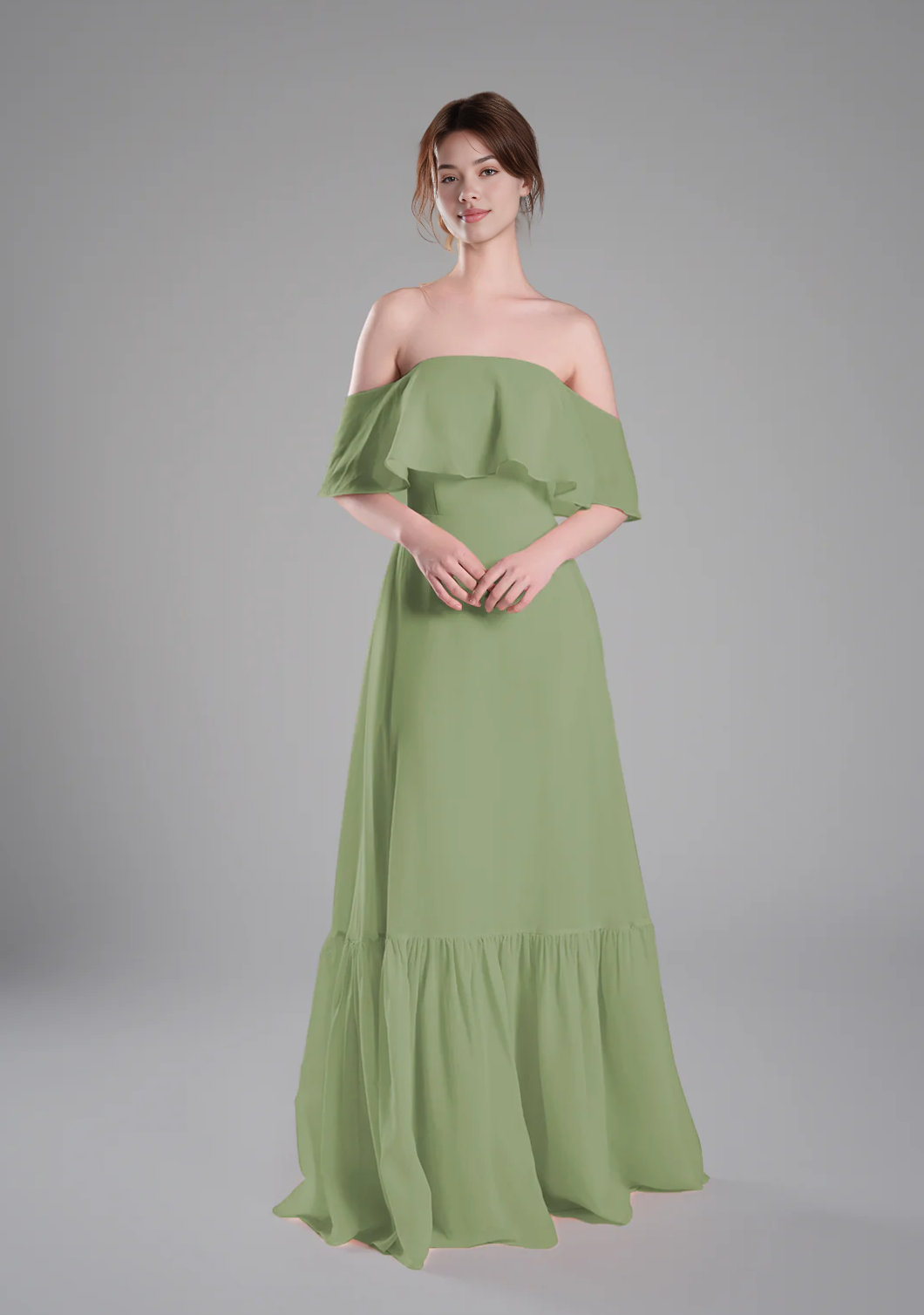 Elegant Tiered A-Line Chiffon Off-The-Shoulder Short Sleeve Open Back Bridesmaid Dresses