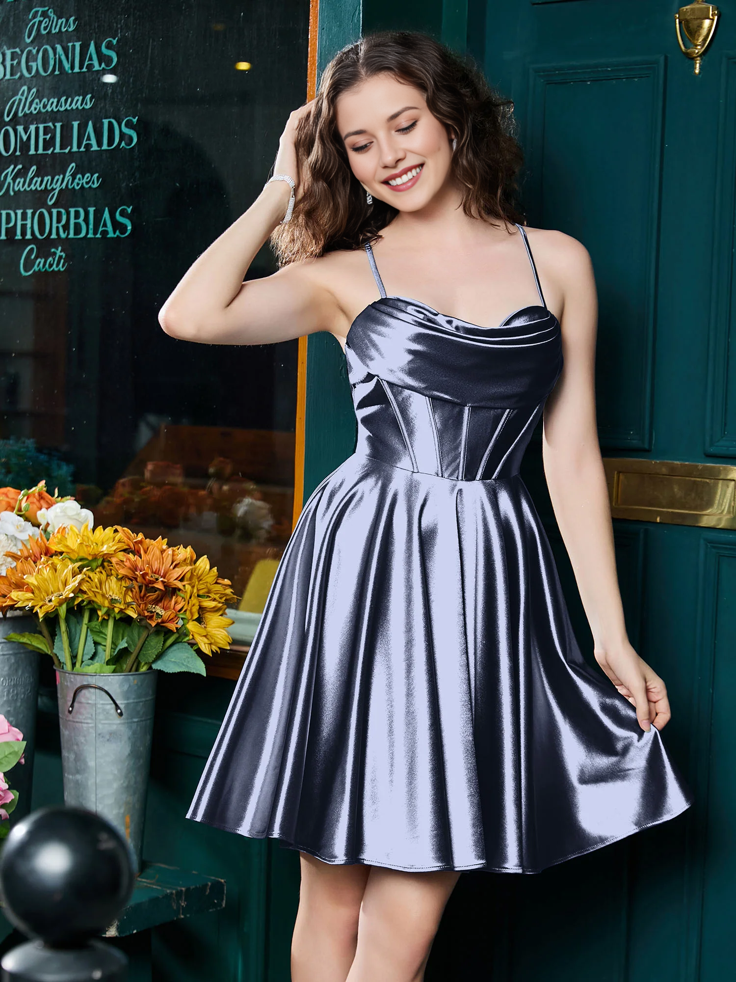 Cowl Neck Corset Boning Spaghetti Strap Lace-Up Back Satin Skater Mini Homecoming Dress