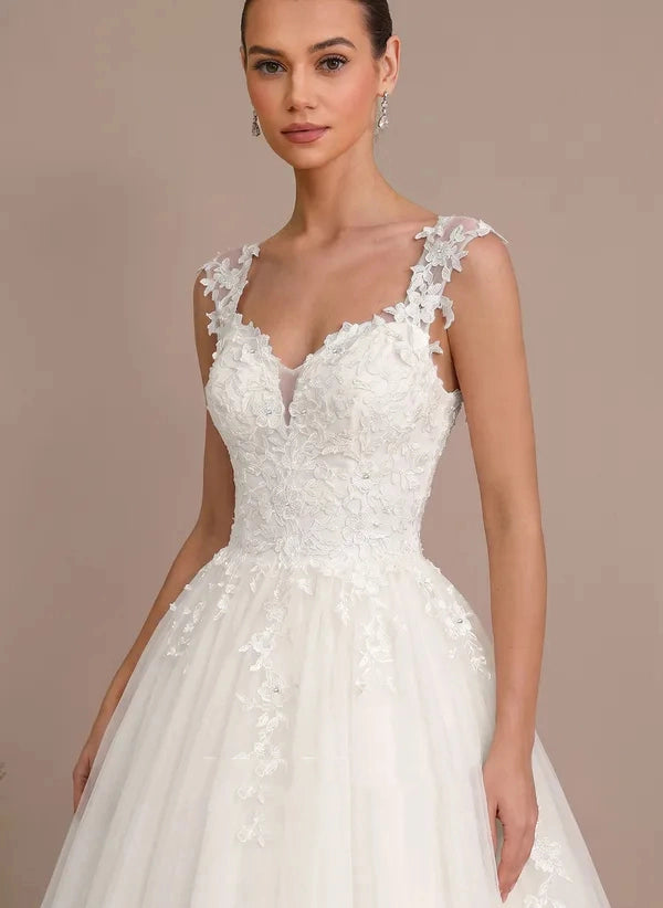 Elegant A-line V-neck Spaghetti Strap Open Back Floor-length Wedding Dress