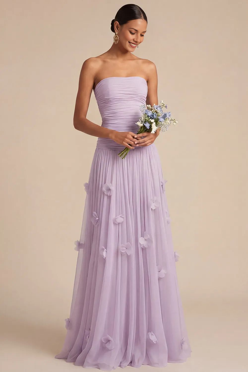 Strapless Ruched Bodice Tulle Gown with 3D Floral Appliqués