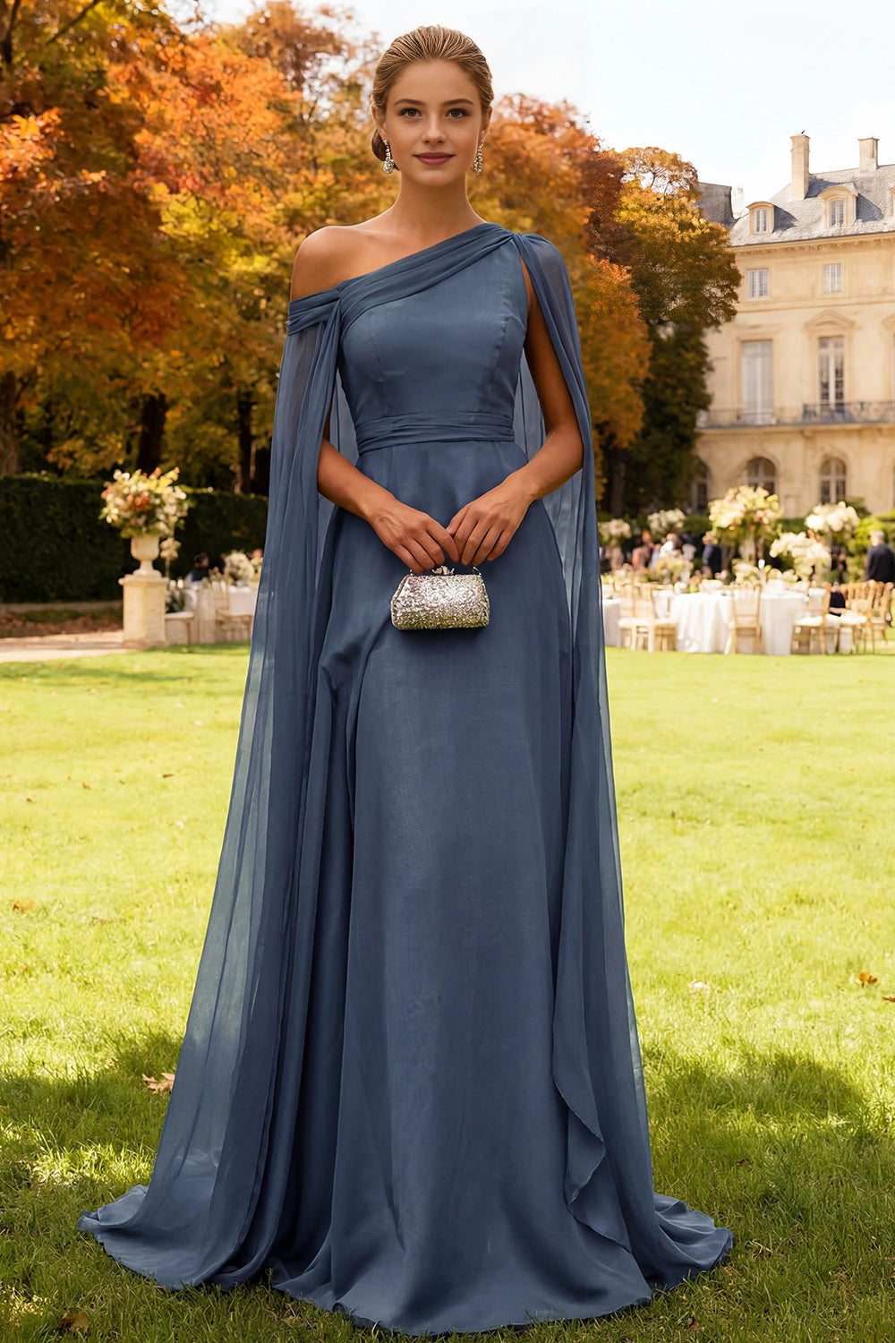 Elegant A Line One Shoulder Cape Sleeve Open Back Train Maxi Wedding Guest Dress