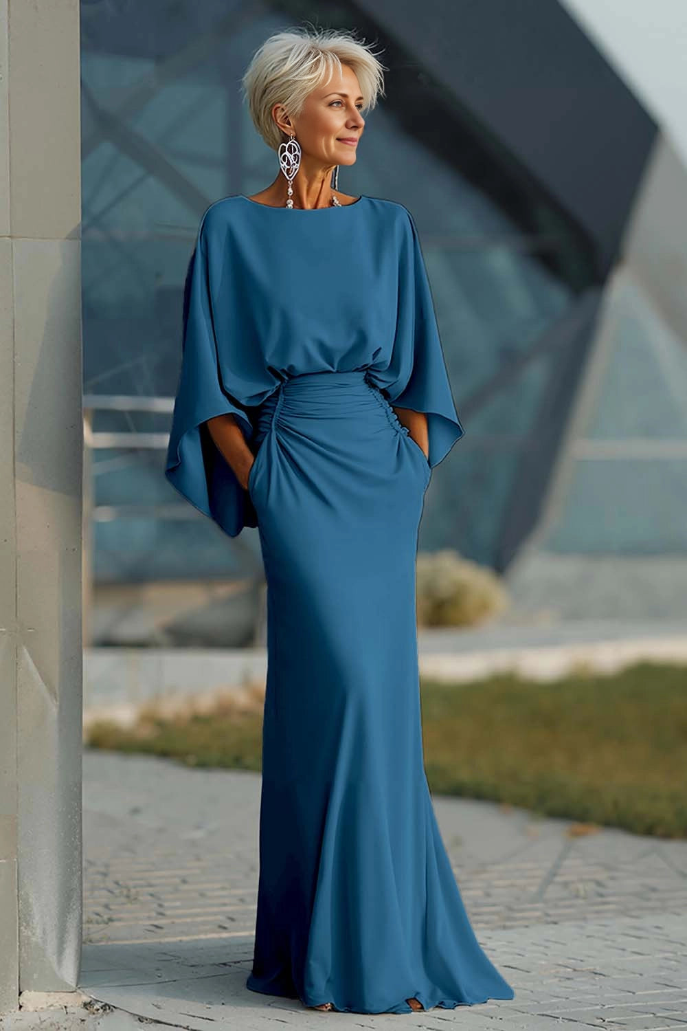 Satin Mermaid Boat Neck Dolman Deep V Back Maxi Wedding Guest Dress