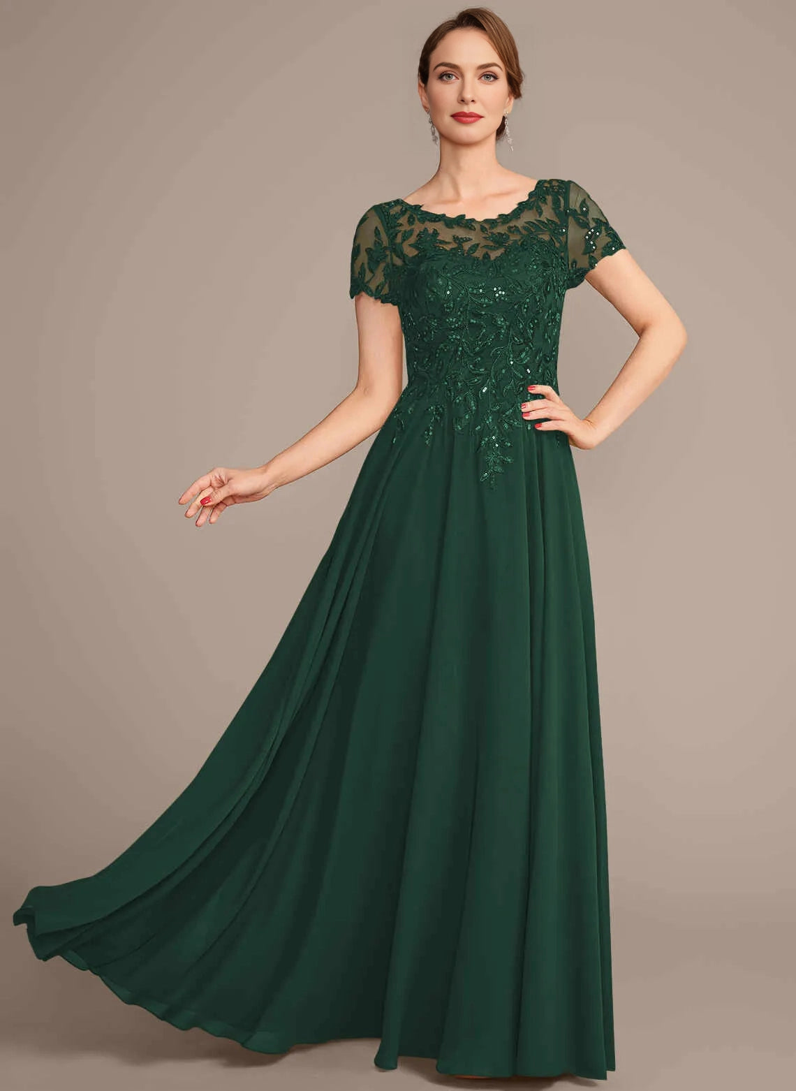 Elegant A‑Line Bateau Short Sleeve Illusion Back Long Mother Of The Bride Dress