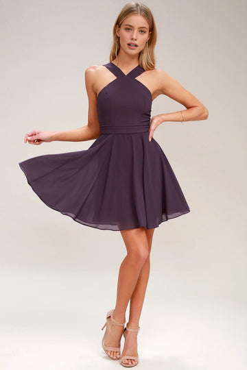 Classic A-line Halter Cross Strap Zip Back Mini Homecoming Dress