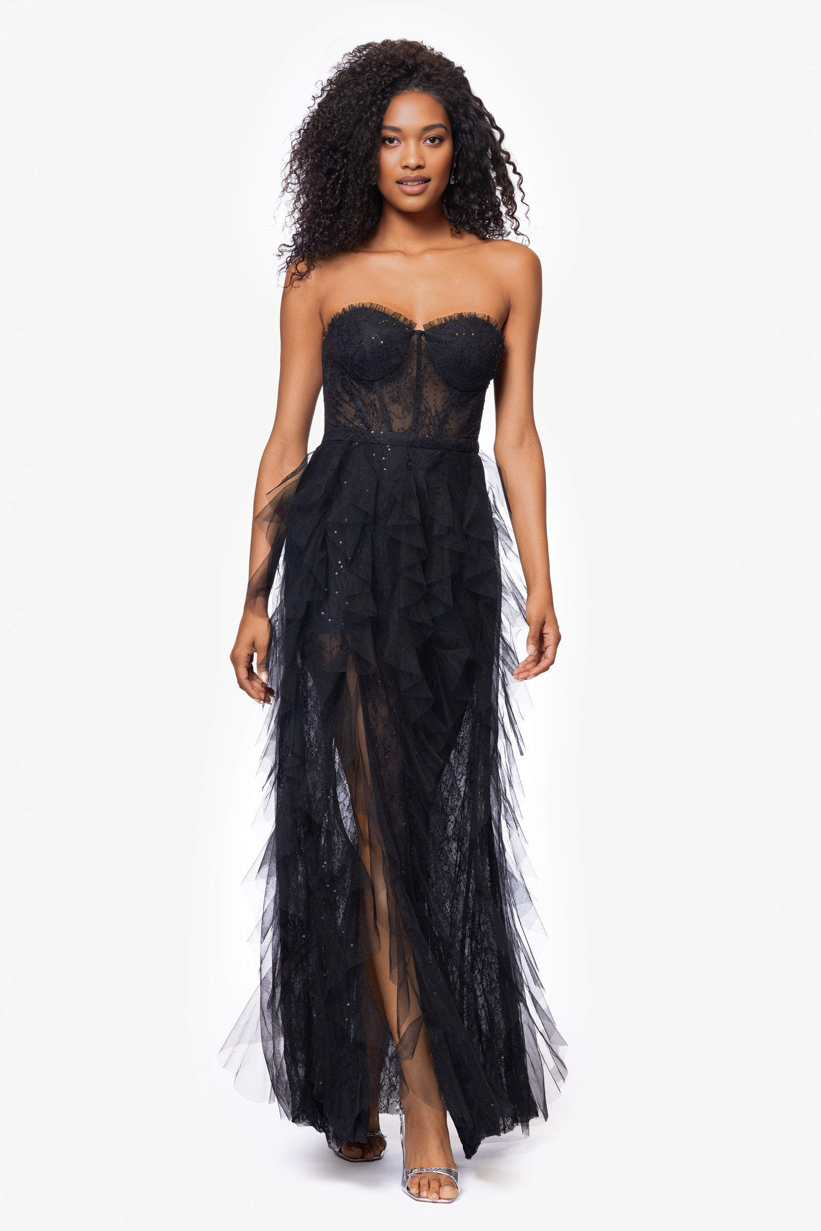Women's Strapless Corset Bodice Gown with Layered Tulle Skirt and High Slit Evening Gown