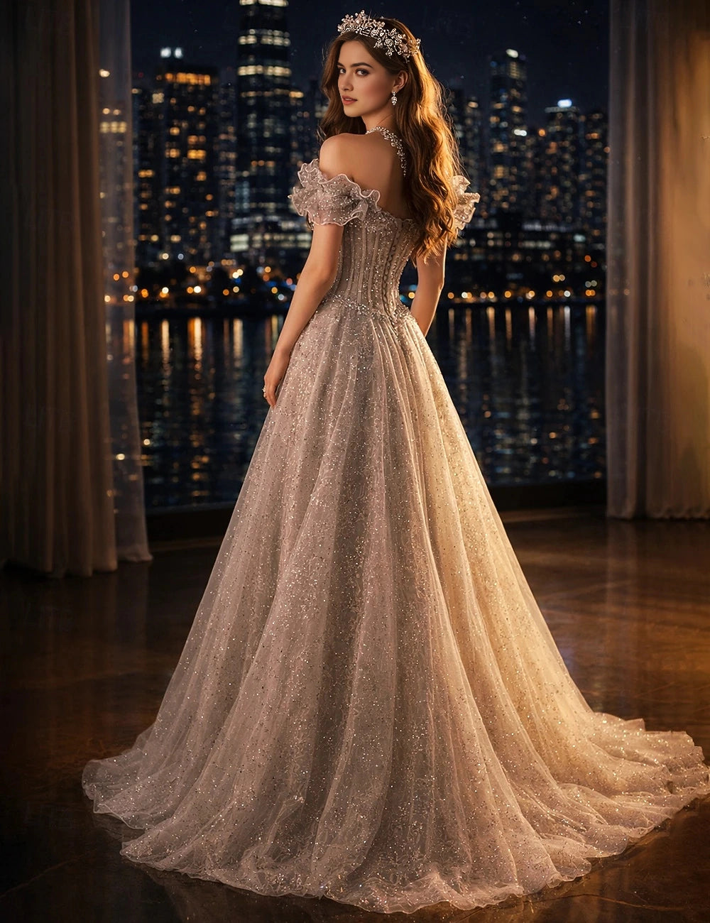 Vedress glitter tulle lace up back long prom dress train skirt back view night city background