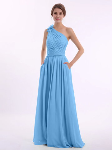 One Shoulder 3D Flower Ruched Chiffon Bridesmaid Maxi Dress with Pockets & Open Back Sash