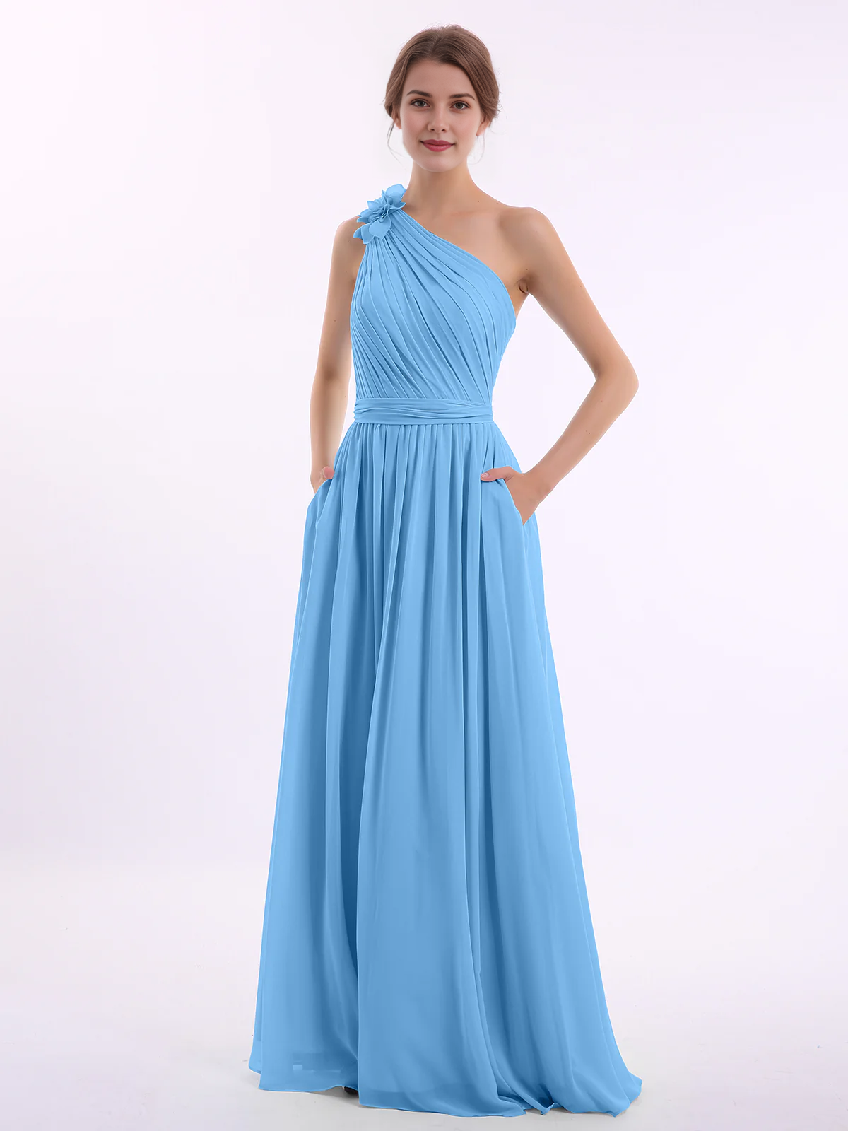 One Shoulder 3D Flower Ruched Chiffon Bridesmaid Maxi Dress with Pockets & Open Back Sash