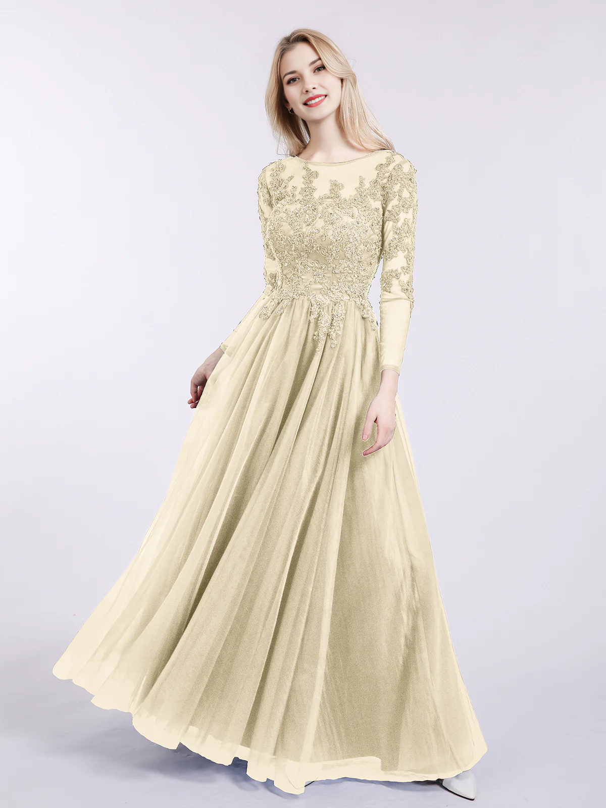 Round Neck Long Sleeve Lace Appliqué Tulle A-Line Floor-Length Bridesmaid Evening Dress