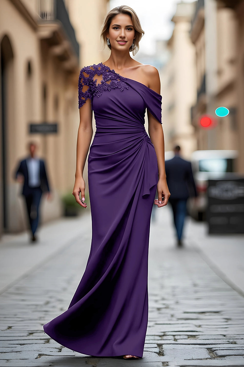 Mermaid One Shoulder Lace Sleeve Long Wedding Guest Dress