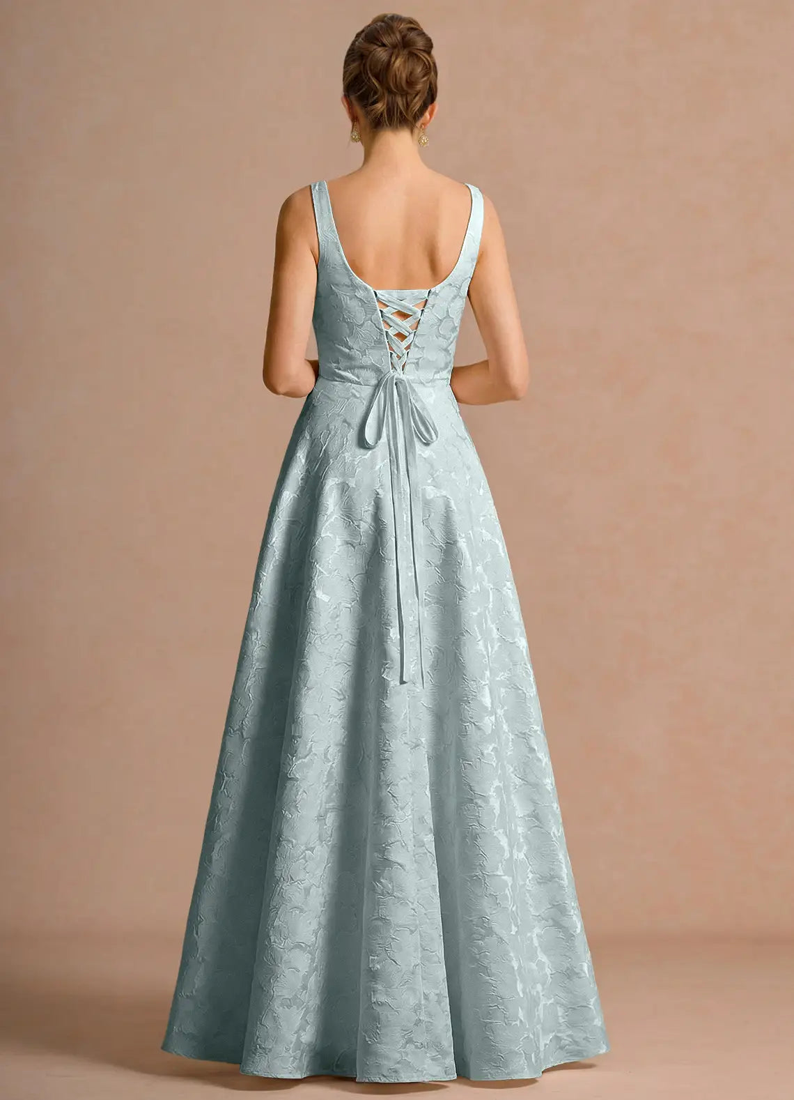 Elegant A-line Square Sleeveless Jacquard Maxi Lace-up Back Wedding Guest Dress