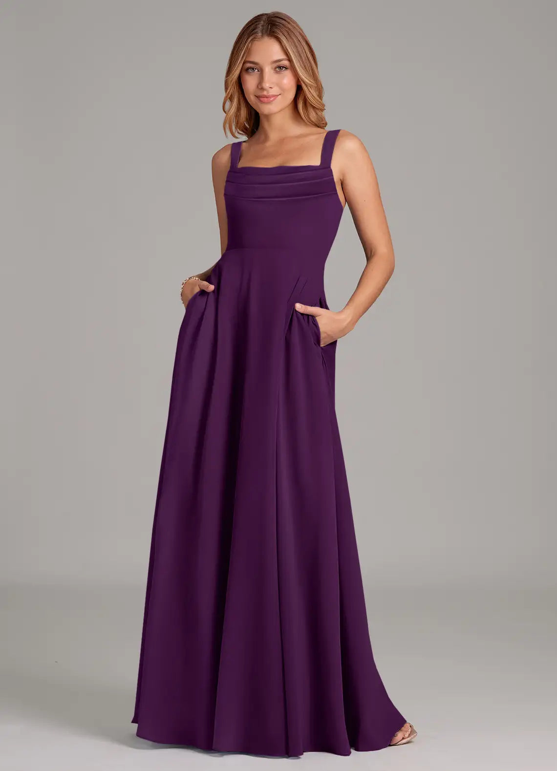 Square Neck Pleated Bodice Chiffon A-Line Floor-Length Bridesmaid Dress with Pockets