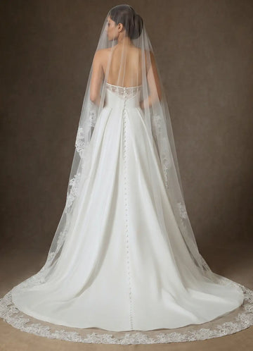 Dramatic Sheer Tulle Floral Lace Border Cathedral Bridal Wedding Veil