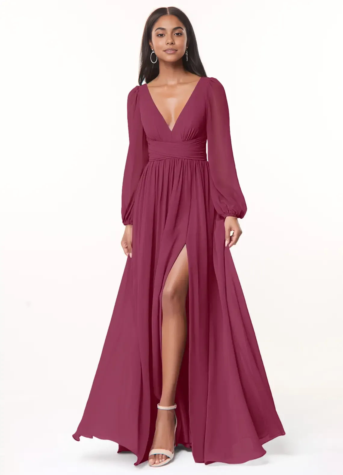 A-Line/Princess Chiffon Plunging Neck Long Sleeves Bridesmaid Dresses Wedding Guest Dresses With Slit