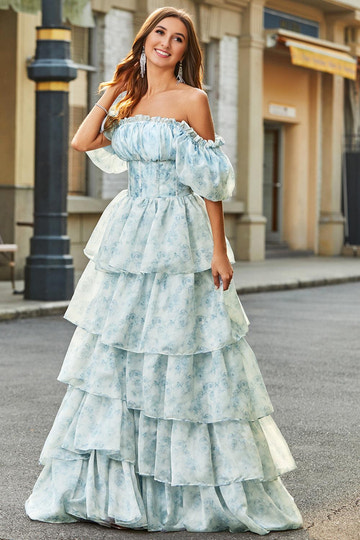 Elegant Pink Homcoming Gown Light Blue A-Line Off The Shoulder Tiered Corset Prom Dress With Puff Sleeves