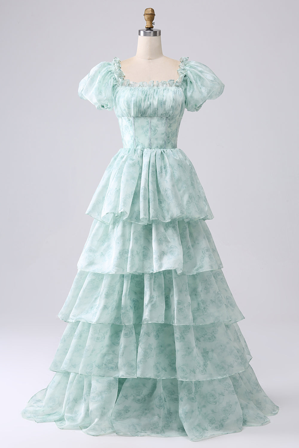Elegant Pink Homcoming Gown Light Blue A-Line Off The Shoulder Tiered Corset Prom Dress With Puff Sleeves