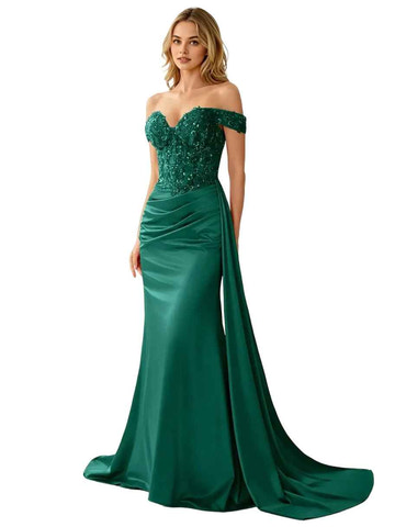 Elegant Sweetheart Neckline Mermaid Prom Dress with Beaded Lace Corset Bodice, Off-the-Shoulder Sleeves & Draped Skirt