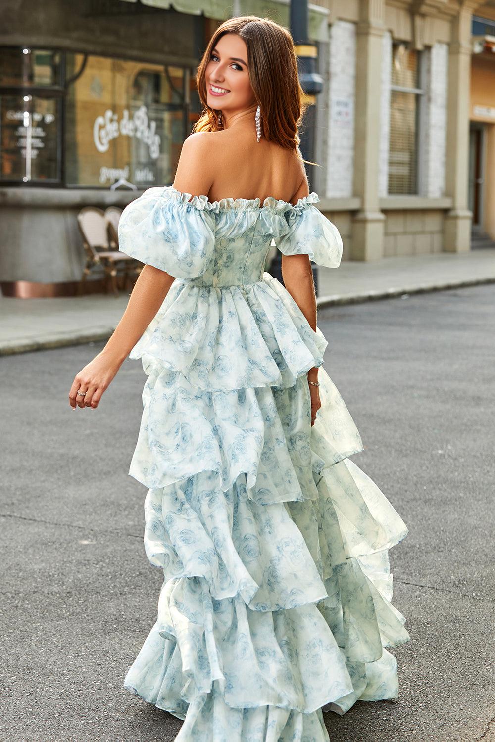 Elegant Pink Homcoming Gown Light Blue A-Line Off The Shoulder Tiered Corset Prom Dress With Puff Sleeves