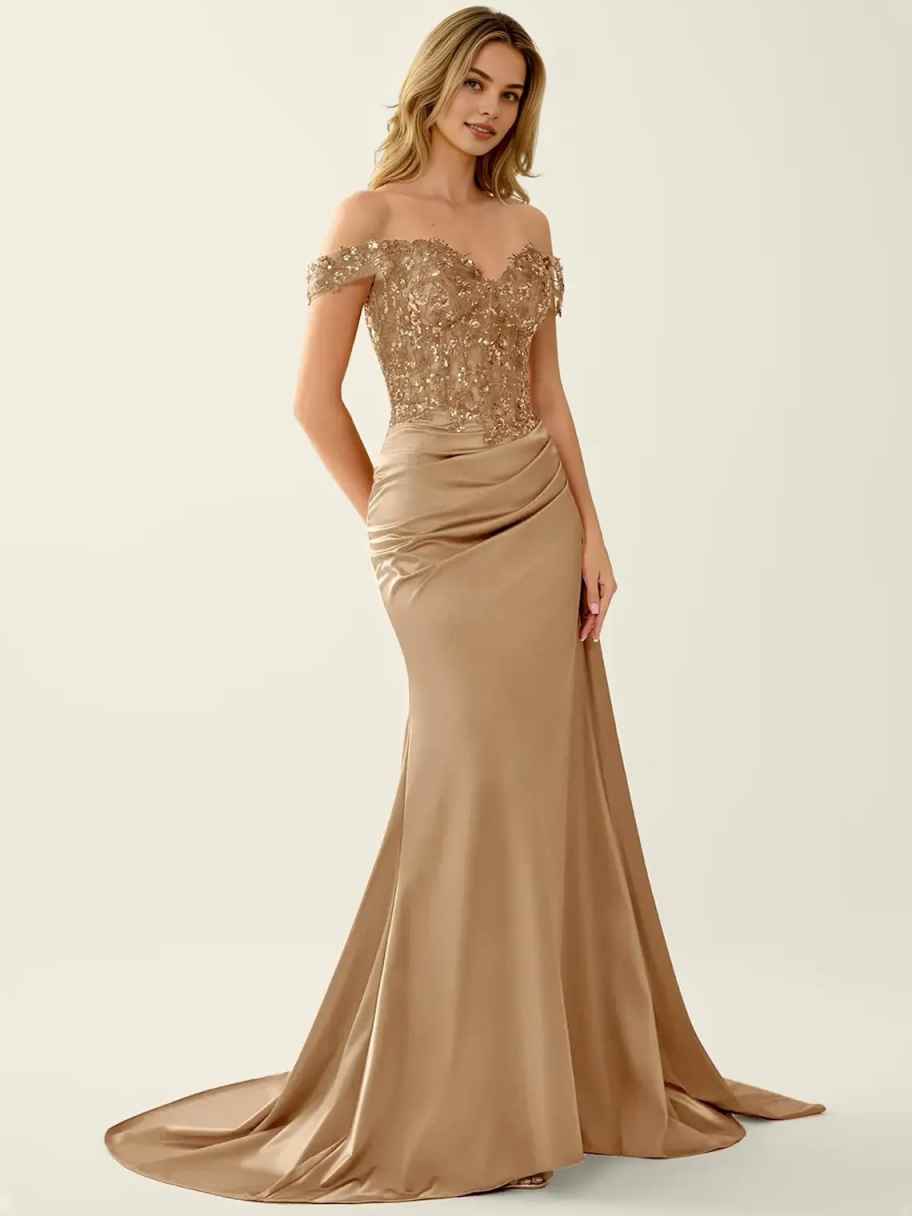 Elegant Sweetheart Neckline Mermaid Prom Dress with Beaded Lace Corset Bodice, Off-the-Shoulder Sleeves & Draped Skirt