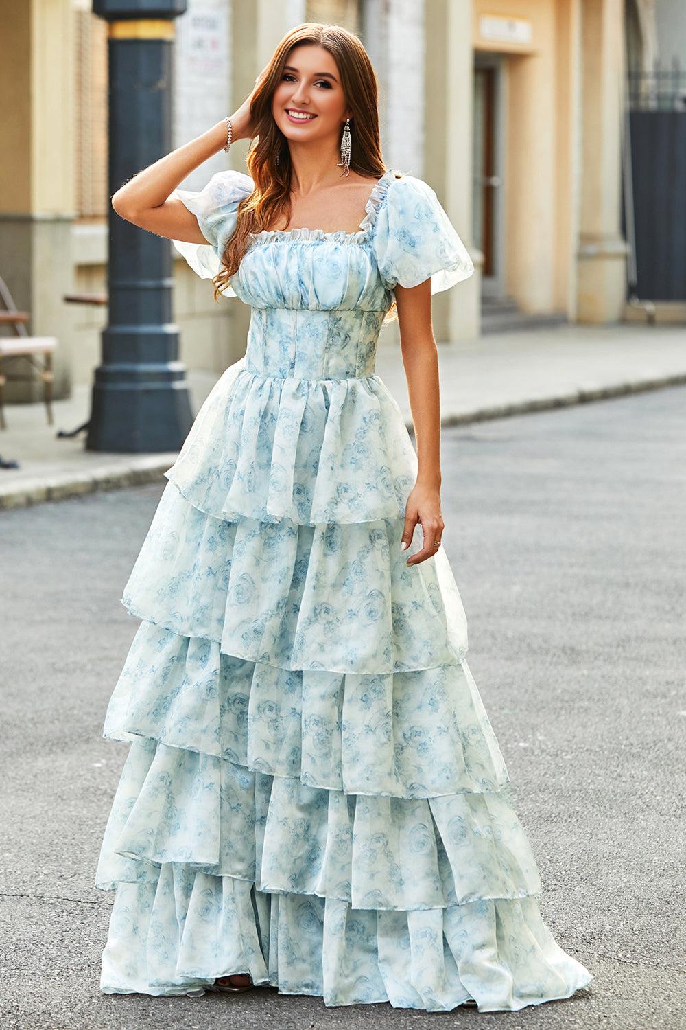 Elegant Pink Homcoming Gown Light Blue A-Line Off The Shoulder Tiered Corset Prom Dress With Puff Sleeves