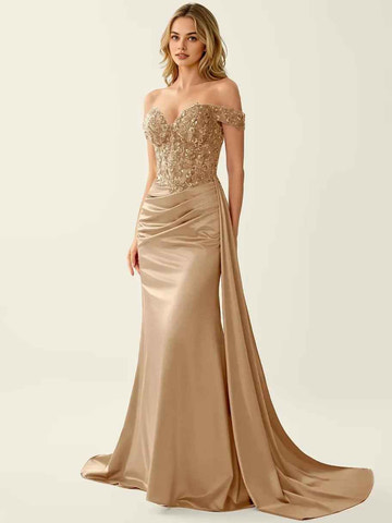 Elegant Sweetheart Neckline Mermaid Prom Dress with Beaded Lace Corset Bodice, Off-the-Shoulder Sleeves & Draped Skirt