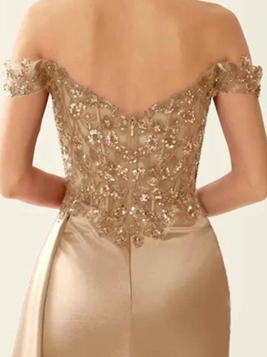 Elegant Sweetheart Neckline Mermaid Prom Dress with Beaded Lace Corset Bodice, Off-the-Shoulder Sleeves & Draped Skirt