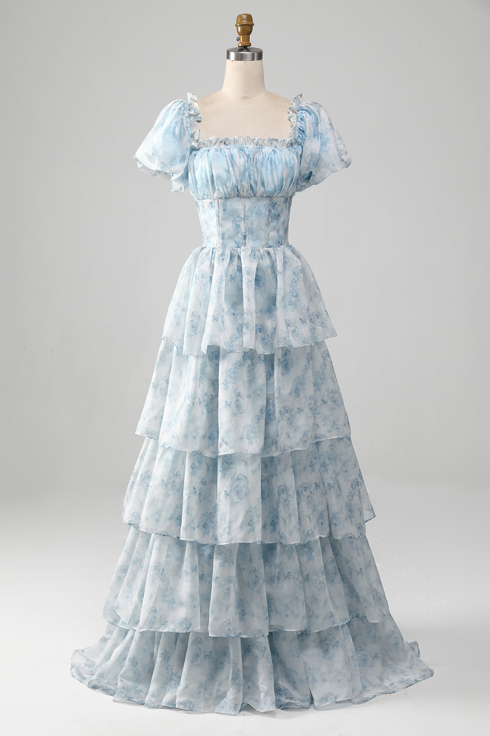 Elegant Pink Homcoming Gown Light Blue A-Line Off The Shoulder Tiered Corset Prom Dress With Puff Sleeves
