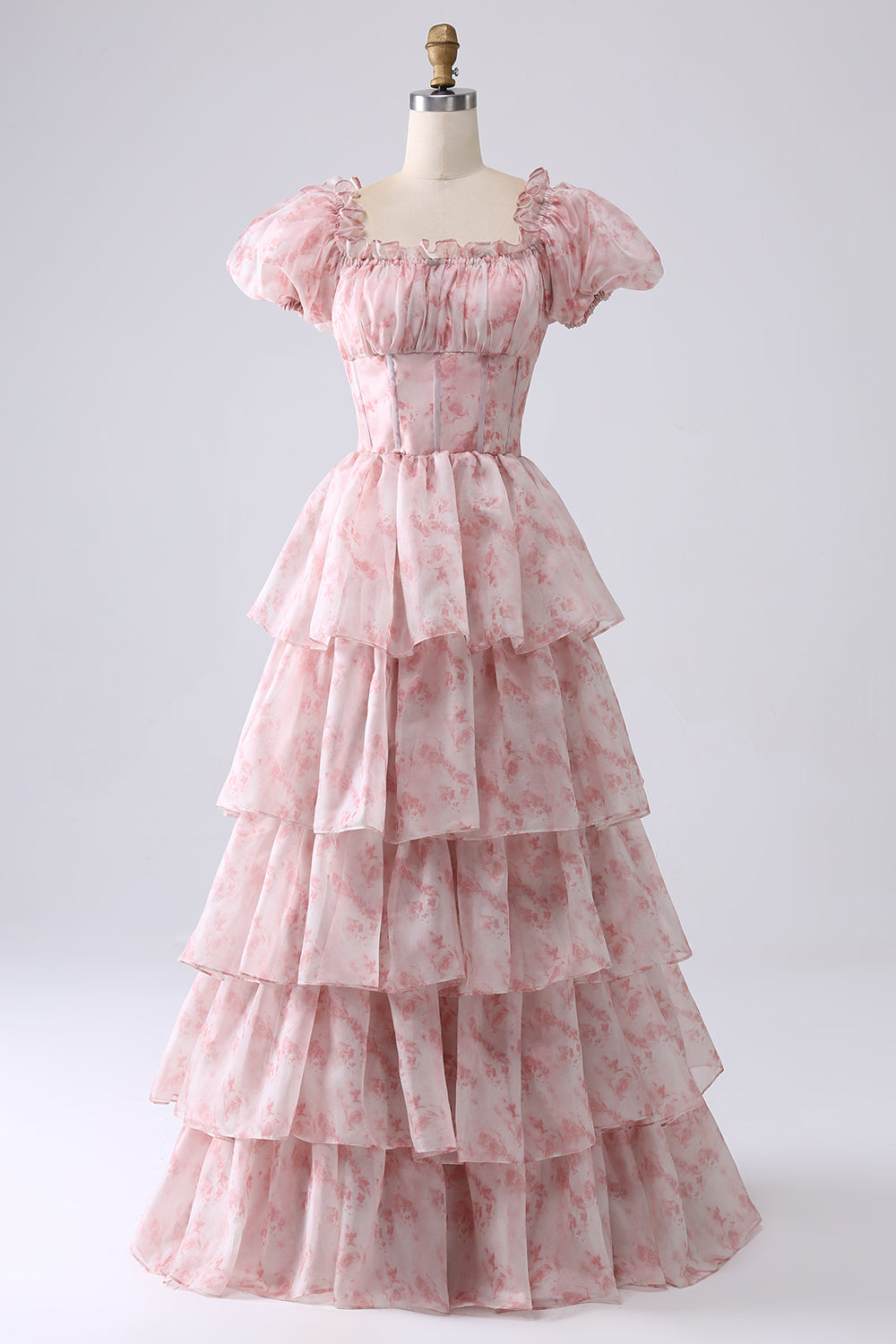 Elegant Pink Homcoming Gown Light Blue A-Line Off The Shoulder Tiered Corset Prom Dress With Puff Sleeves
