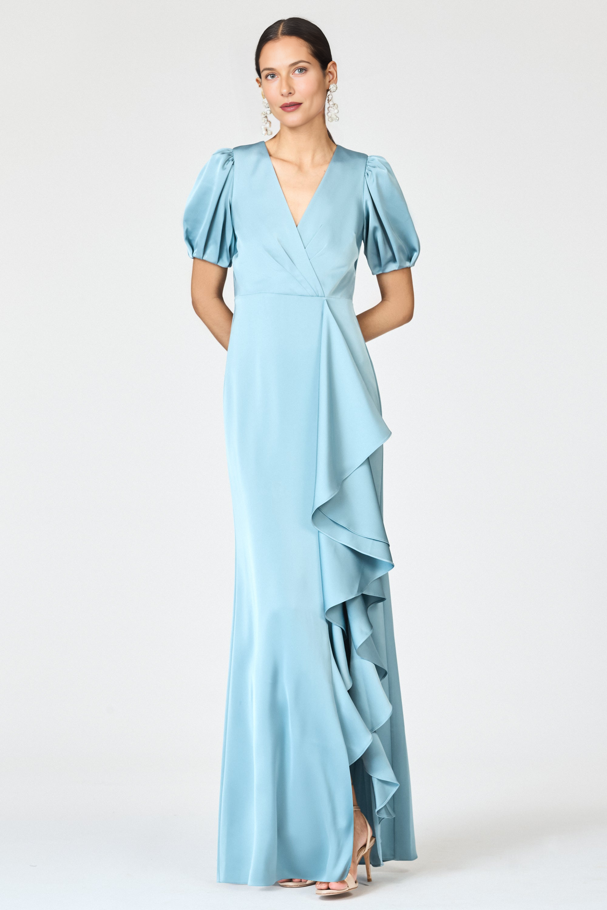 Women's Elegant V-Neck Puff Sleeve Gown with Asymmetric Ruffle Detail
