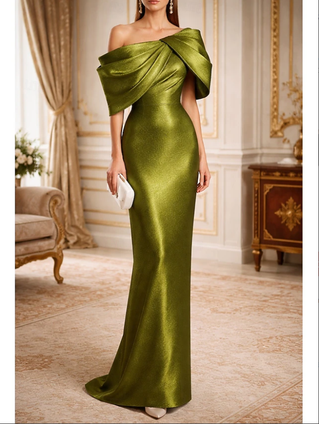 Elegant Glittering Mermaid One Shoulder Taffeta Cowl Back with Bow(s) Ruched Formal Evening Gown