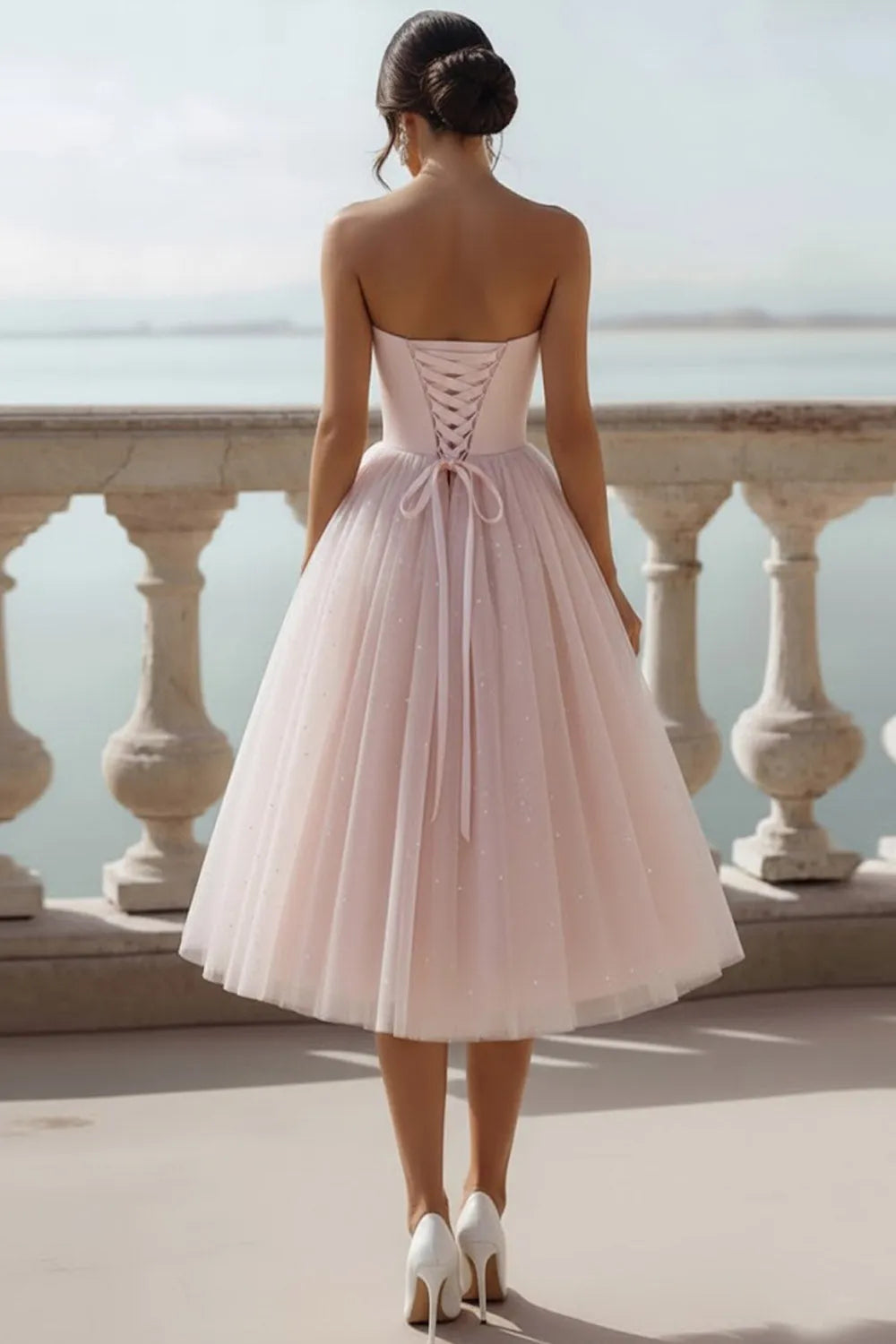 Strapless Sweetheart Corset Tulle Midi Dress with Sparkle Details