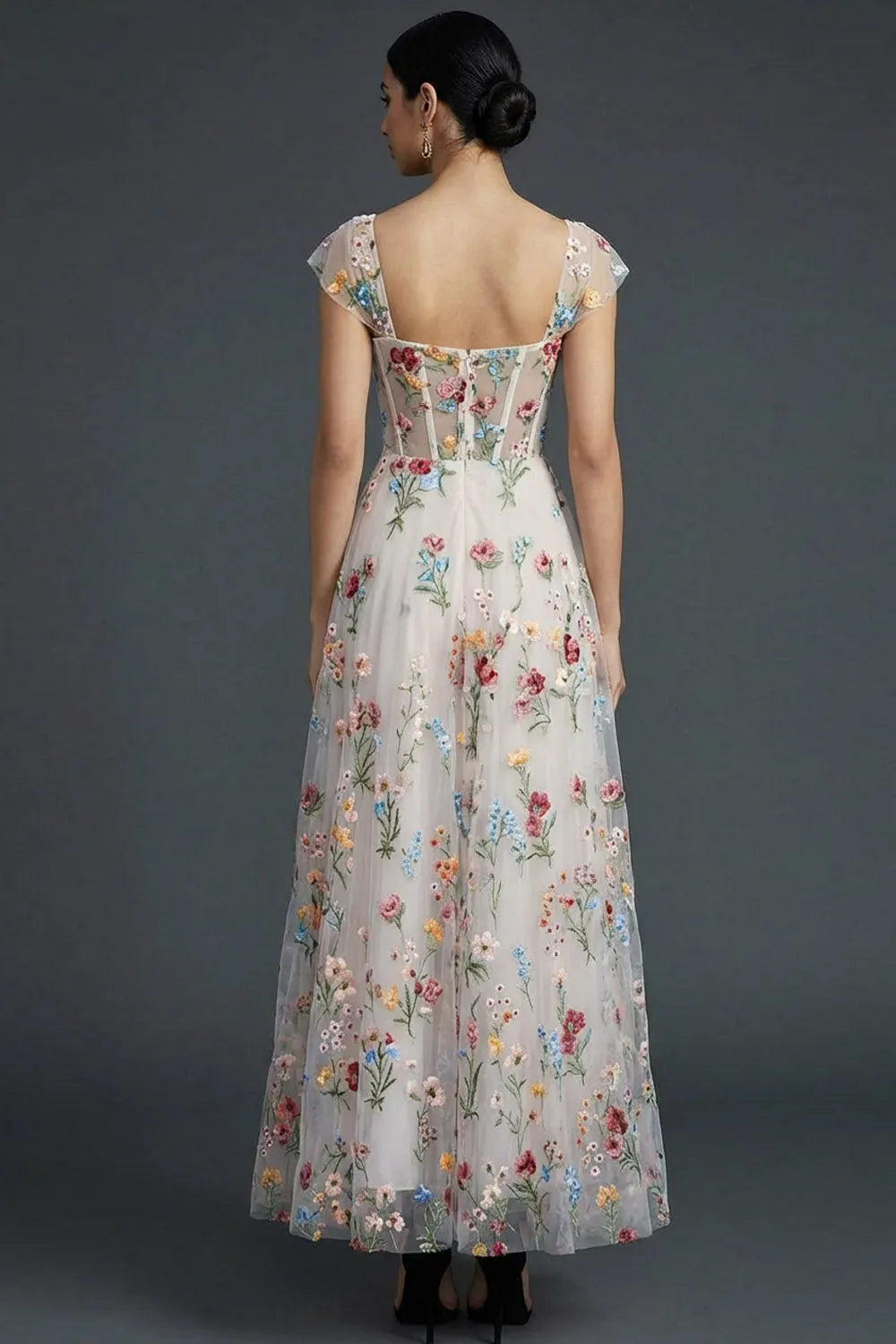 Sweetheart Cap Sleeve Floral Embroidered Tulle Corset A-Line Maxi Dress