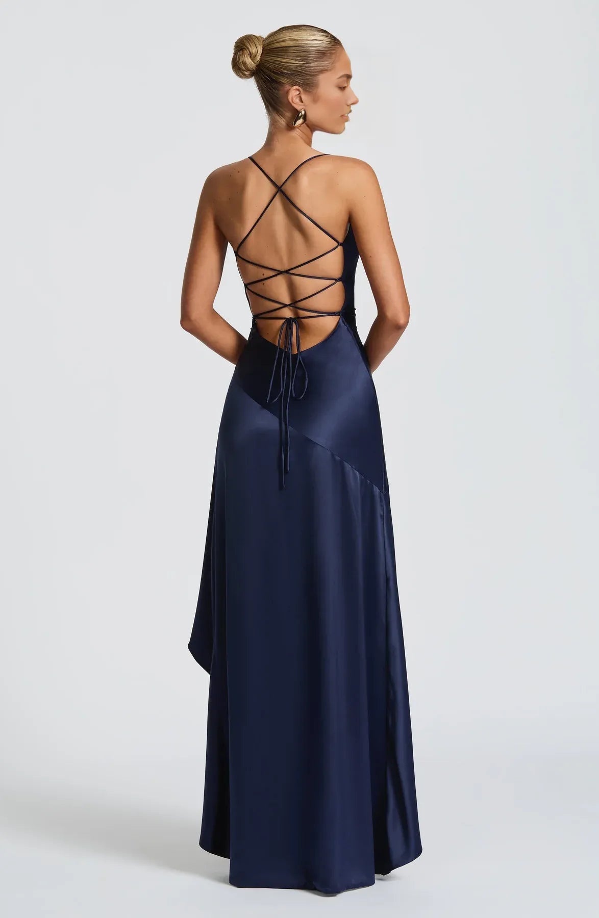 Fitted Cowl Neck Sleeveless Satin Maxi High Slit Lace Up Evening Gown