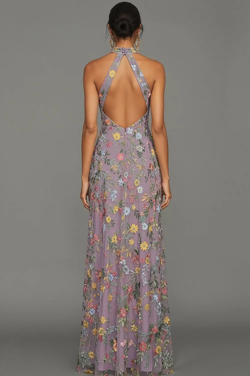Lavender Floral Embroidered Halter Neck Maxi Dress with Keyhole & Slit