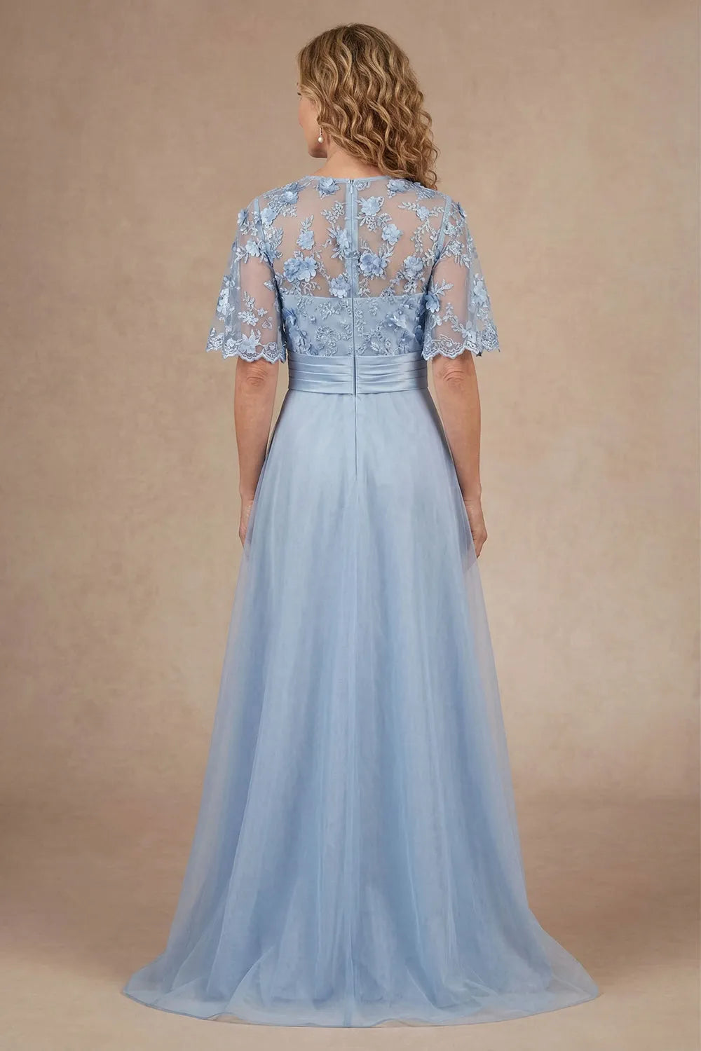 Light Blue Floral Lace A-Line Gown with Sheer Illusion Neckline