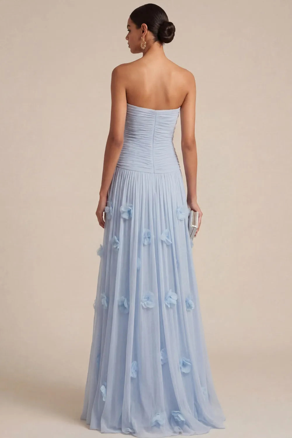 Strapless Ruched Bodice Tulle Gown with 3D Floral Appliqués