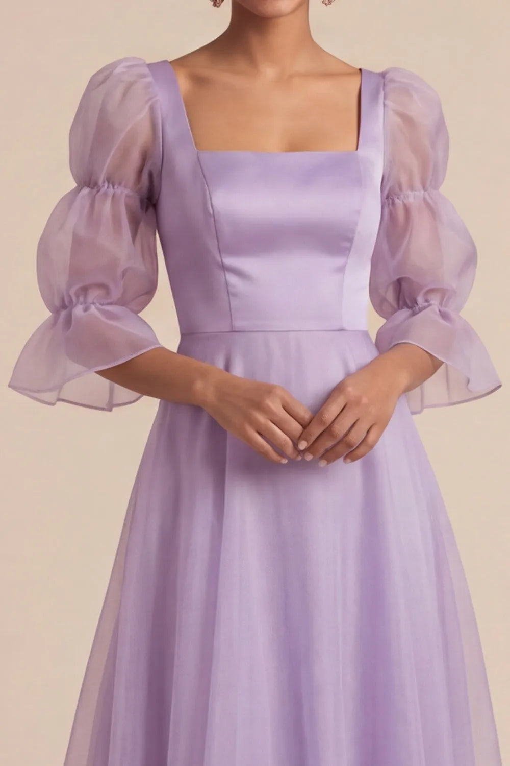 Square Neck Puff Organza Sleeve A-Line Tulle Bridesmaid Maxi Dress