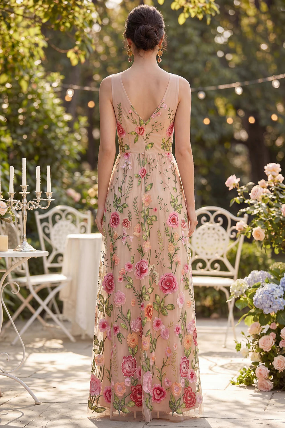 Deep V Neck Sleeveless Rose Floral Embroidery Tulle A-Line Maxi Formal Bridesmaid Dress